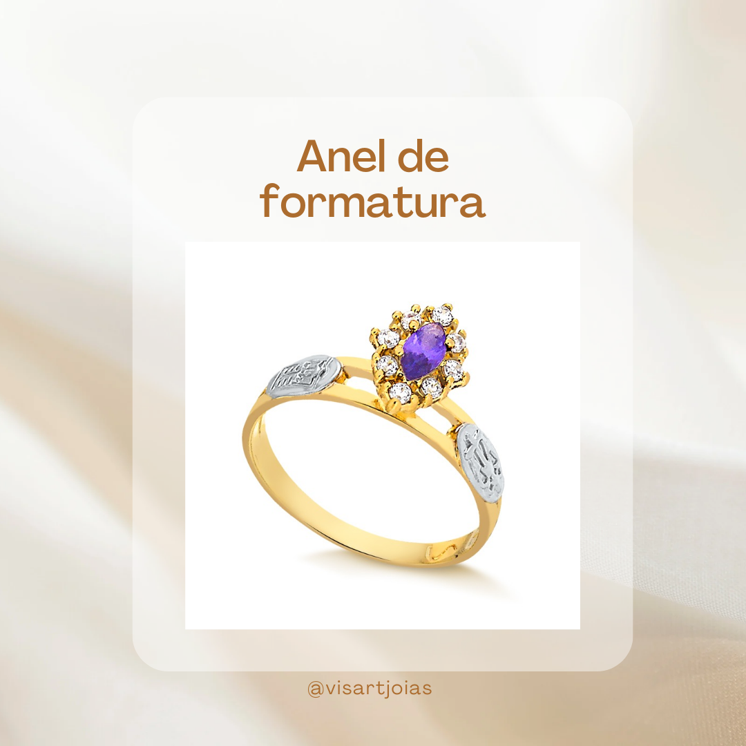 Anel de formatura — ametista oval com folhas