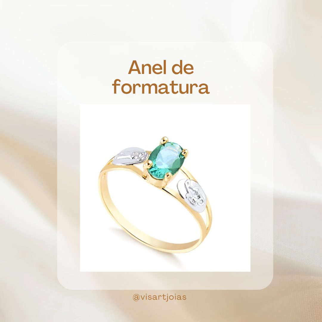 Anel de formatura — esmeralda oval com folhas