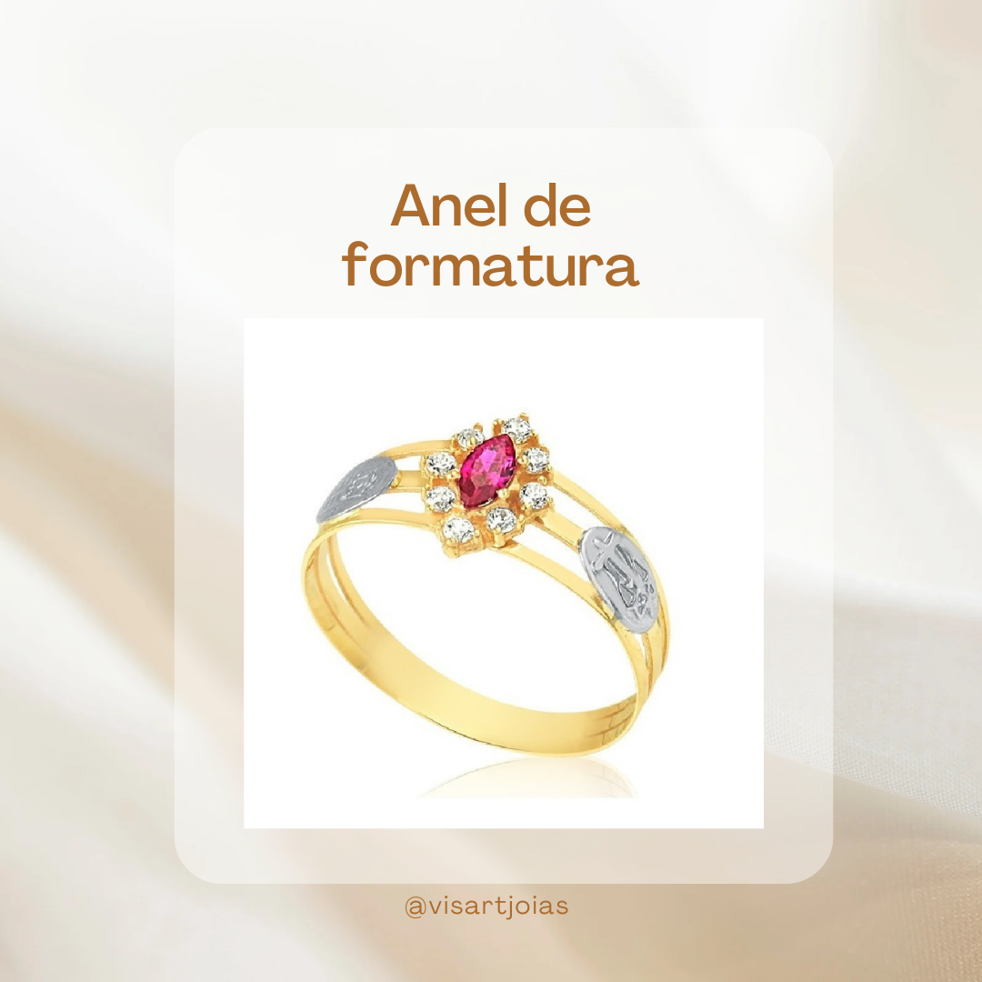 Anel de formatura — rubi com navetes laterais