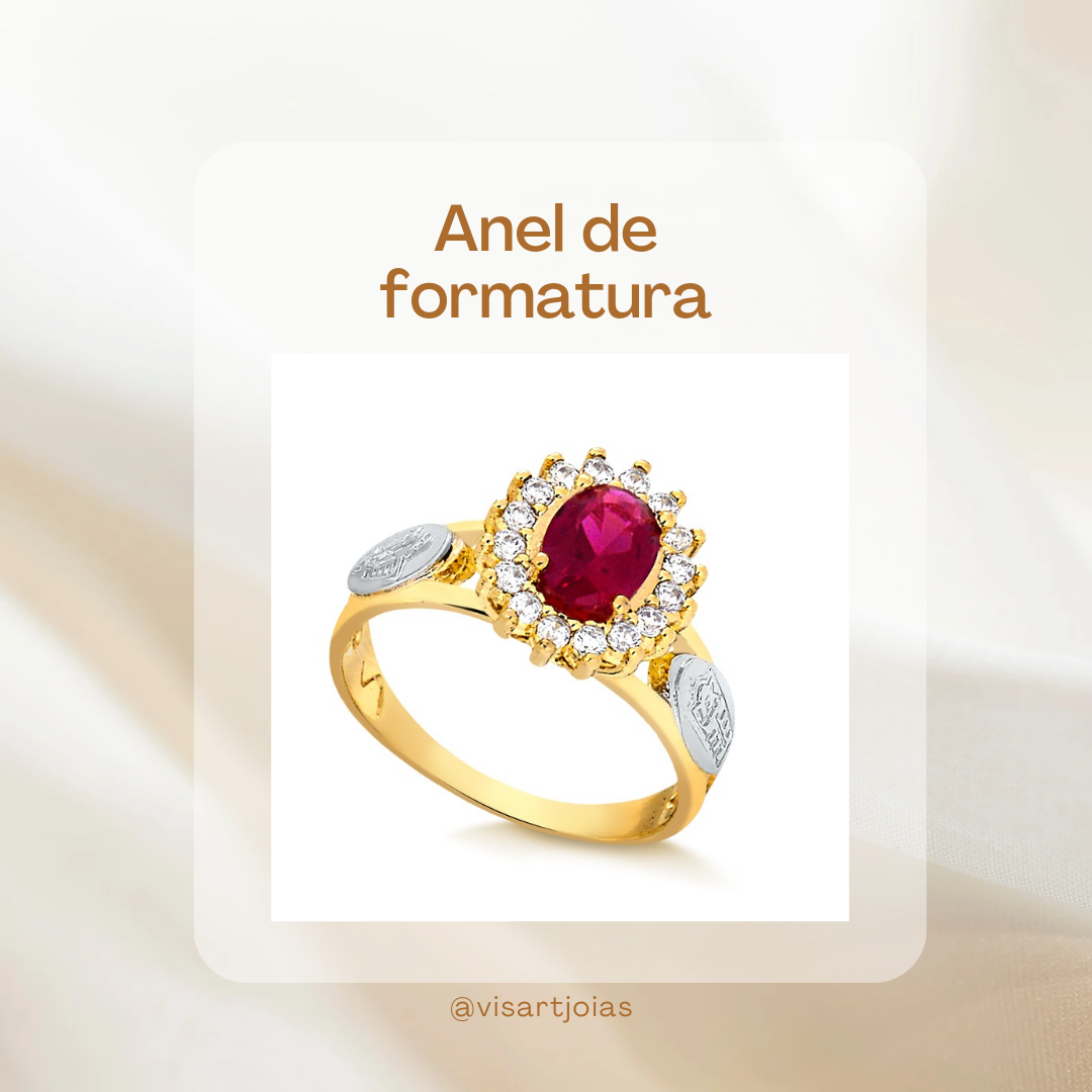 Anel de formatura — rubi oval com folhas laterais