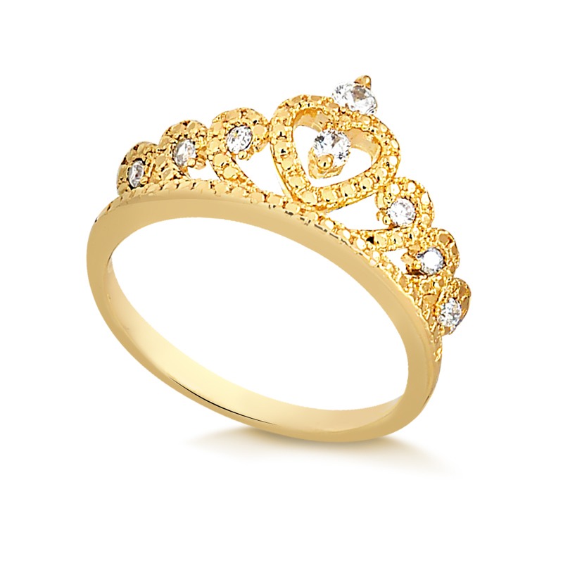 Anel coroa com zircônias — ouro 18k