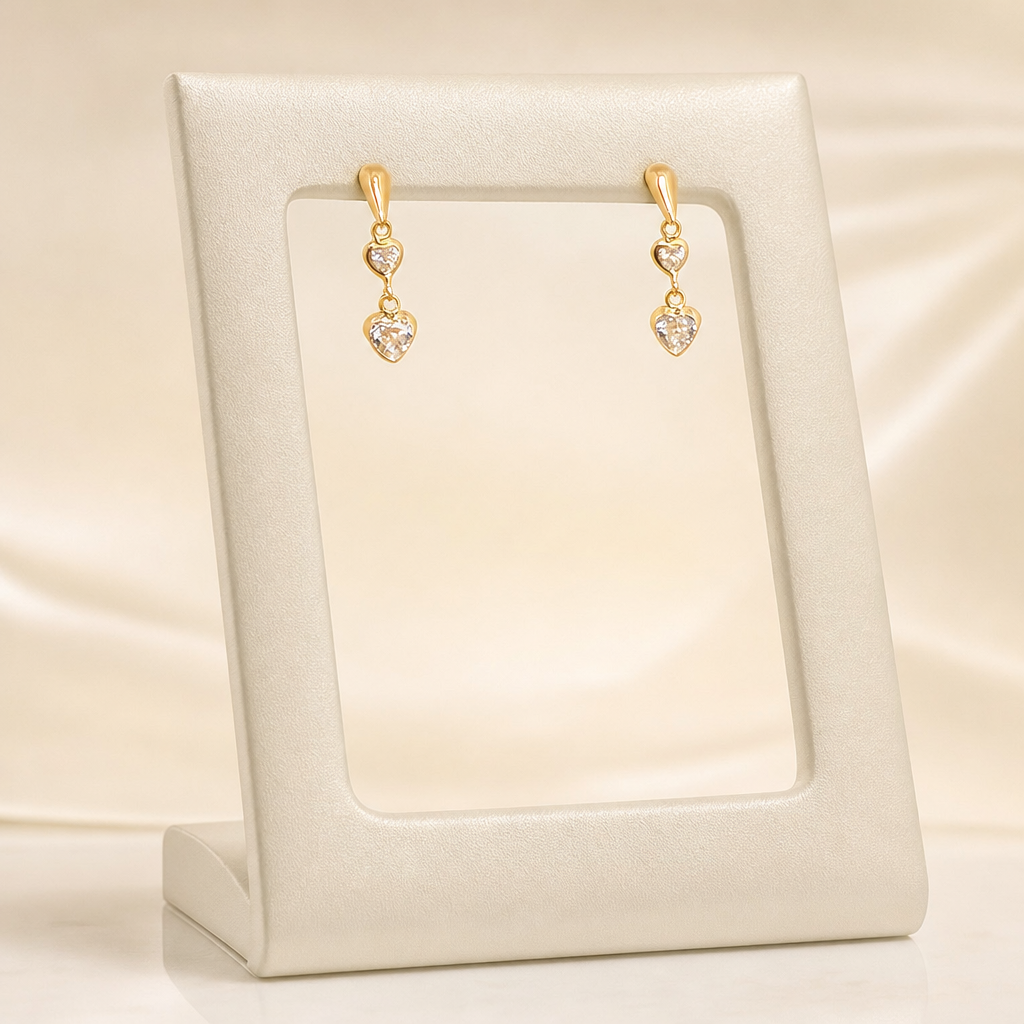 Brincos pêndulo coração zircônia — ouro 18k