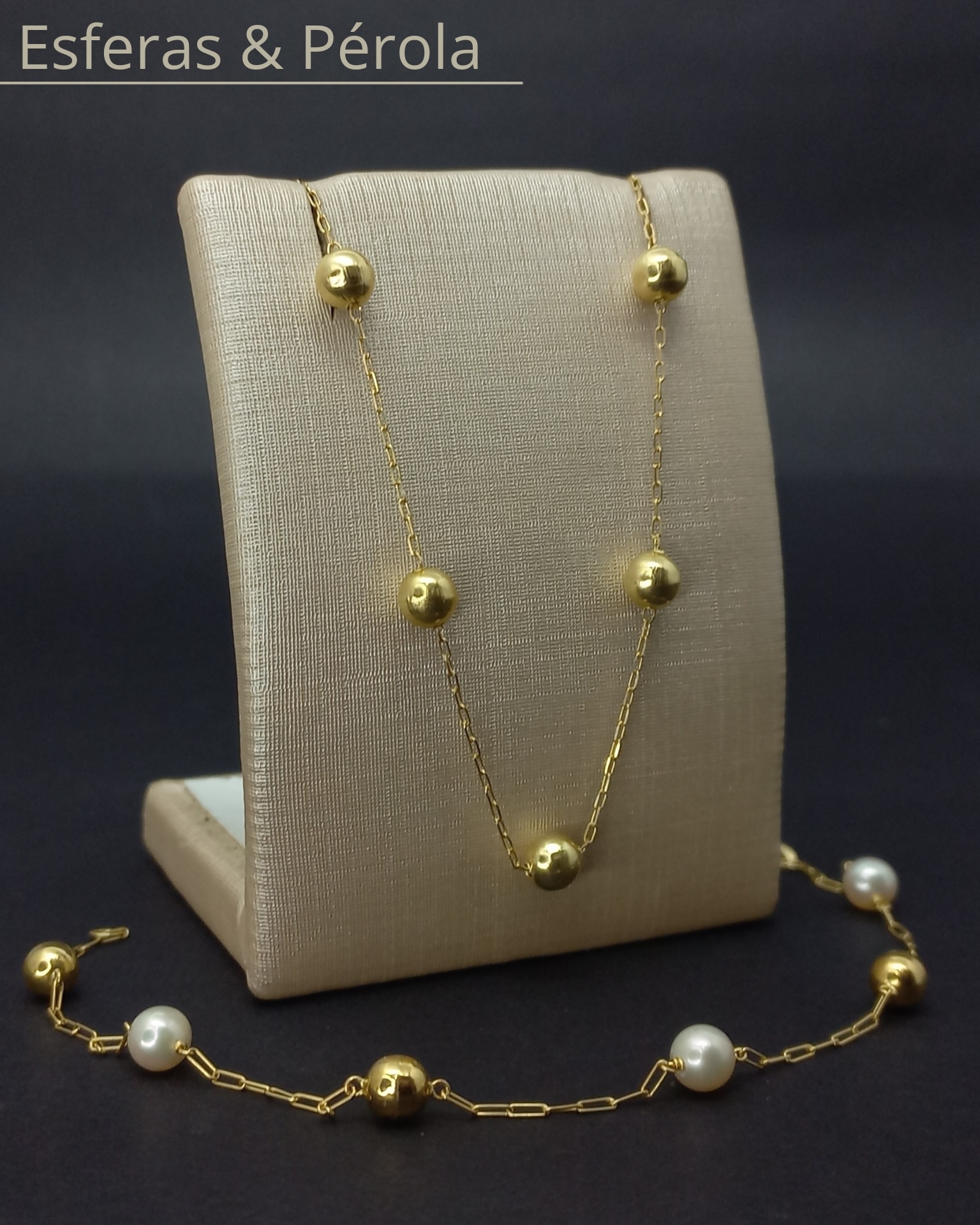 Conjunto esferas e pérolas — colar e pulseira