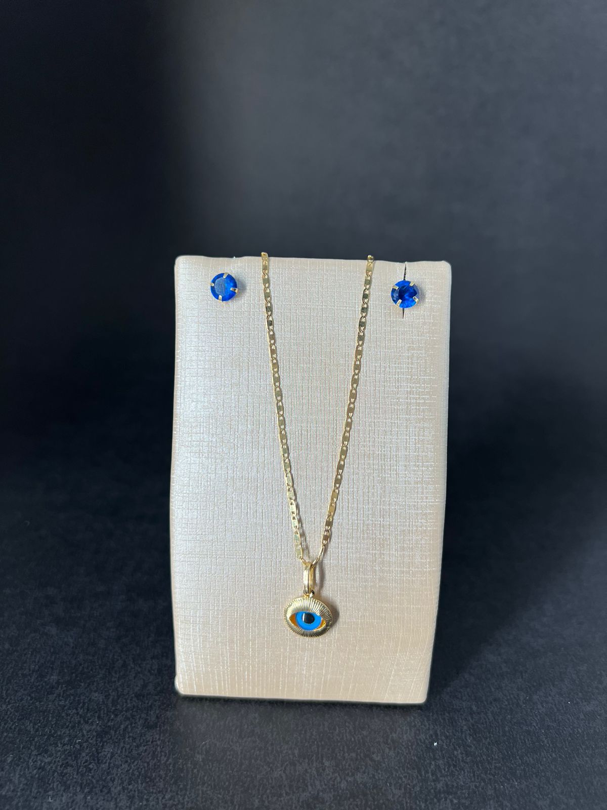 Conjunto olho grego — colar e brincos safira