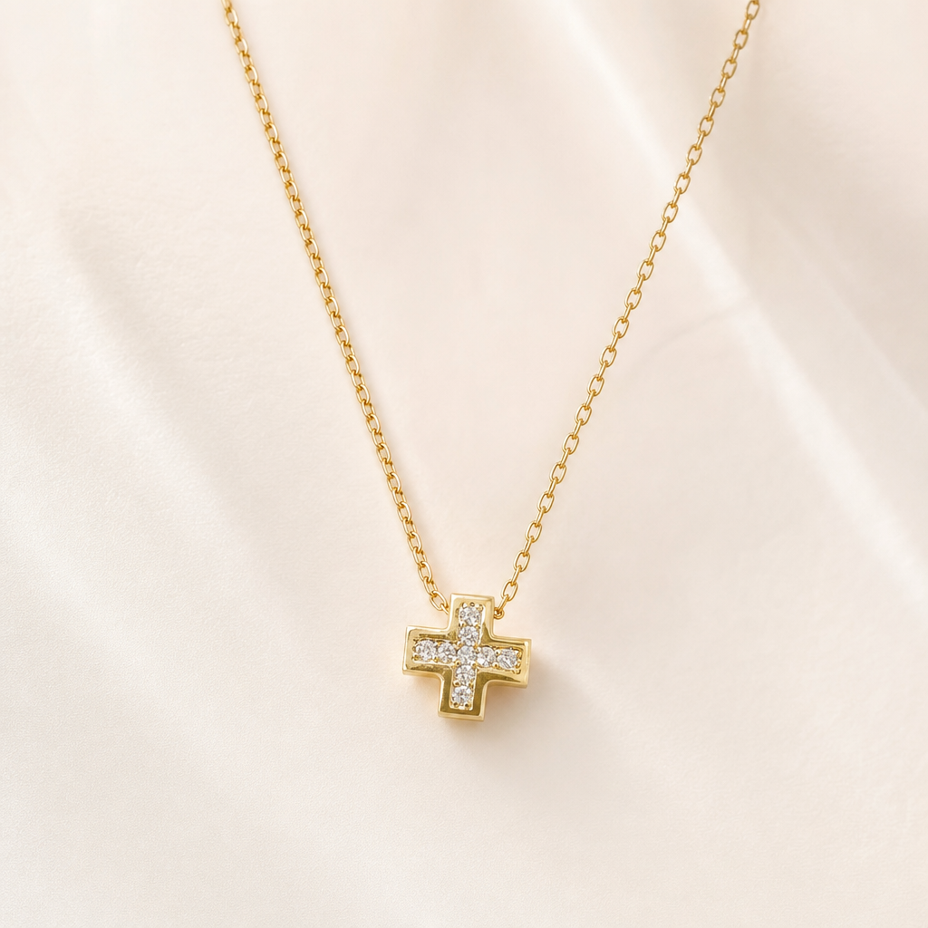 Gargantilha crucifixo cravejado — ouro 10k